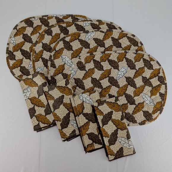 Vintage Bloomcraft Table Treasures Placemats Napkins Set of 4 Brown Leaves Cloth - Picture 1 of 9